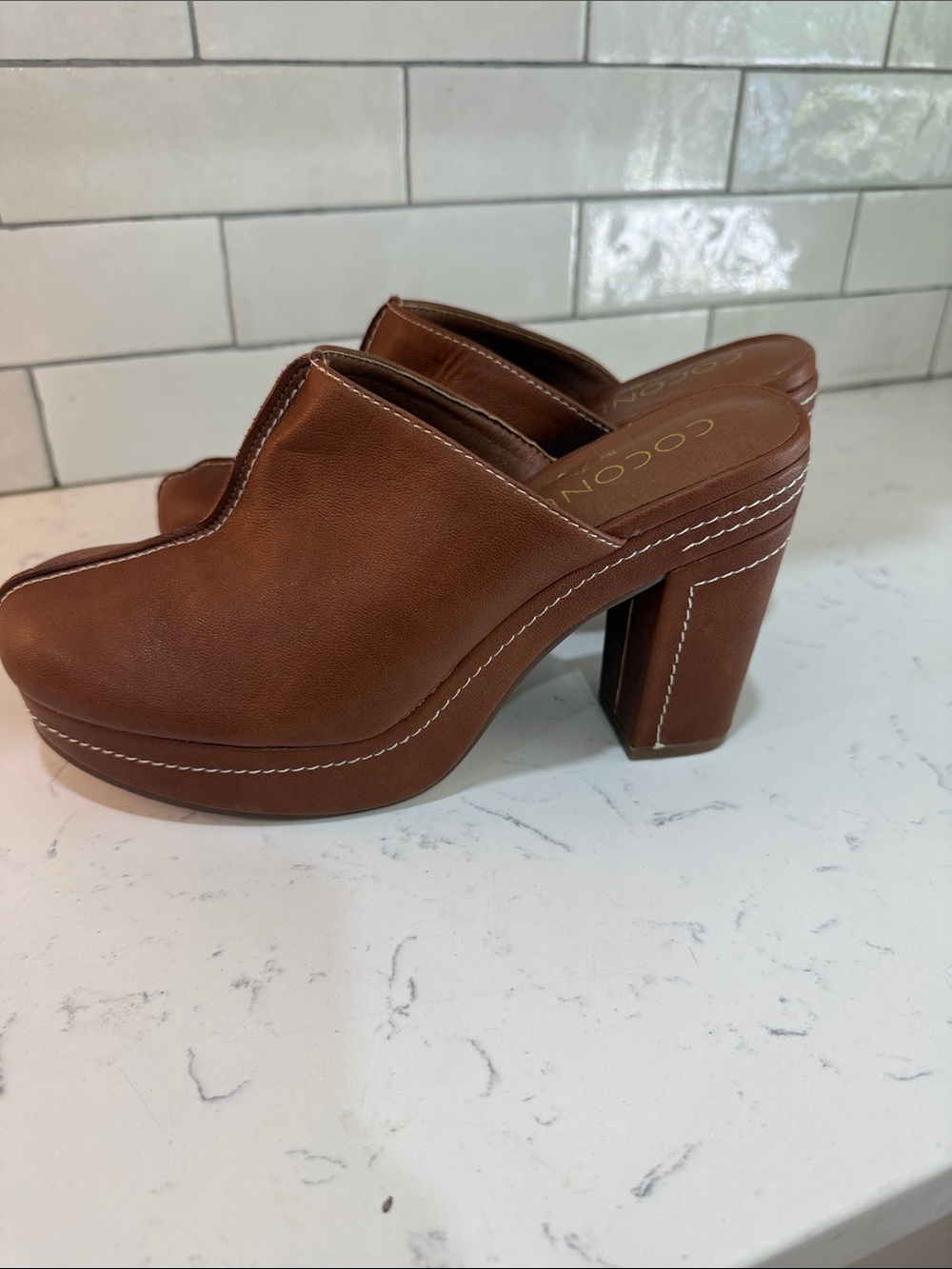 NEW Brown Leather Platform Mule Heels